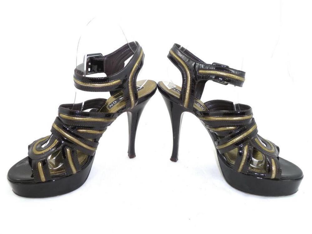 ANDREW GN USED 37 DARK BROWN PATENT LEATHER STRAPPY/CAGED HEELS/PUMPS/STILETTOS